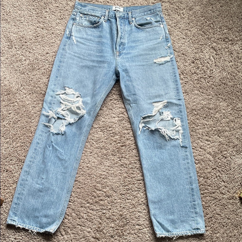 Agolde Straight Leg 90s Distressed Blue Jeans